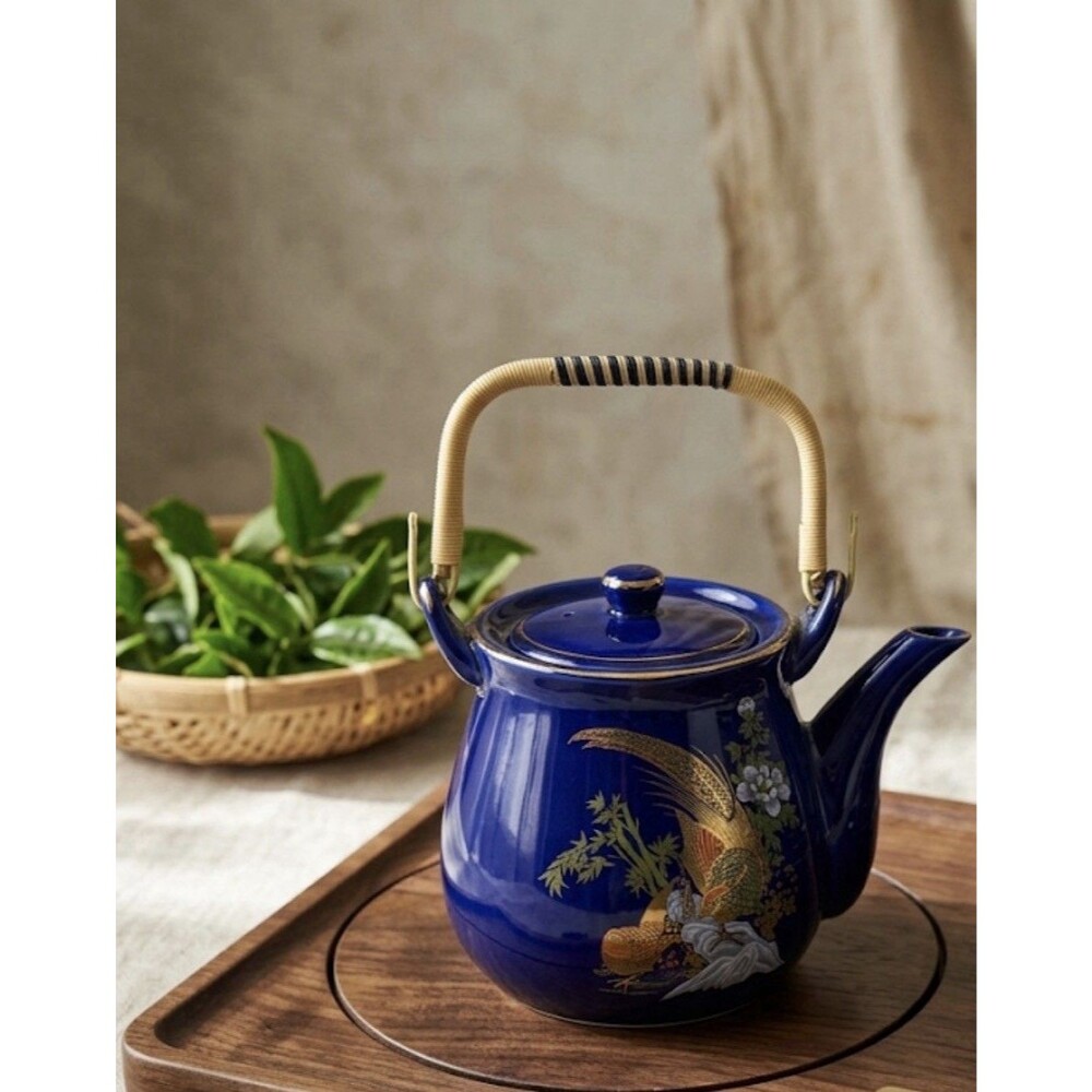 Vintage Cobalt Blue Asian Pheasant Porcelain Teapot with Bamboo Handle